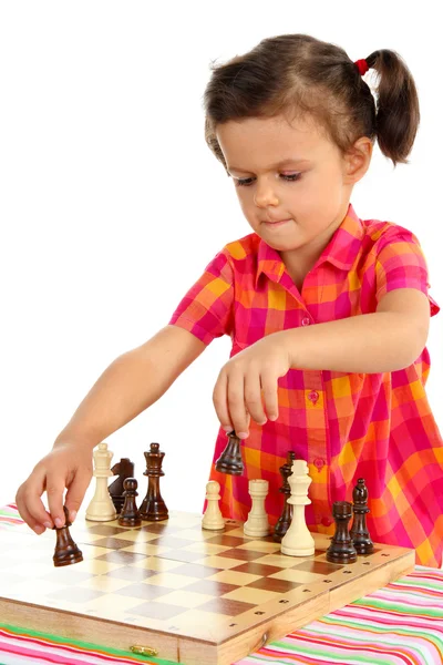 Schöne kleine Mädchen und Schach isoliert auf weiß — Stockfoto