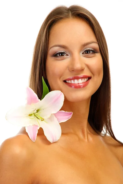 Piękna młoda kobieta z lilii, na białym tle — Zdjęcie stockowe