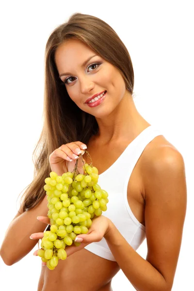 Beautiful young woman with grape, isolated on white — Stock Photo, Image