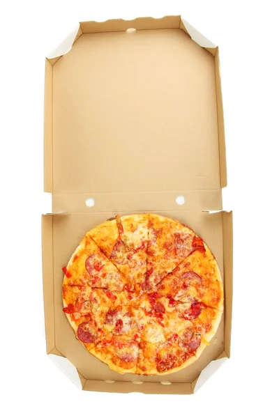 Tasty pizza in box isolated on white — Stock Photo, Image
