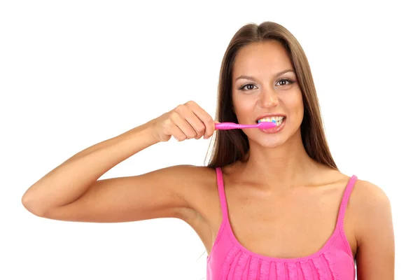 Όμορφη νεαρή γυναίκα με οδοντόβουρτσα που απομονώνονται σε λευκό — Φωτογραφία Αρχείου