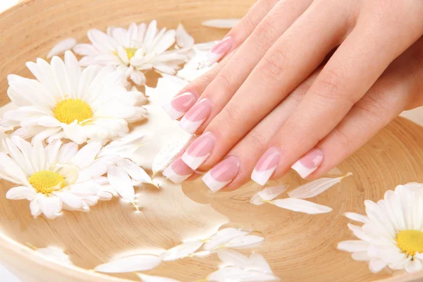 Mãos de mulher com manicure francês e flores em tigela de bambu com água — Fotografia de Stock