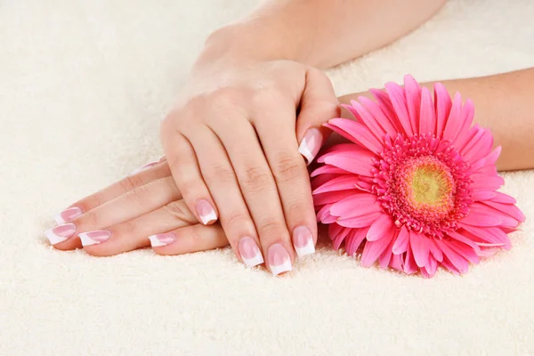 Vrouw handen met Frans manicure en bloem op handdoek — Stockfoto