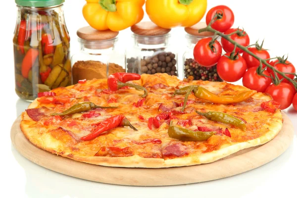 Tasty pepperoni pizza with vegetables on wooden board close-up Royalty Free Stock Photos
