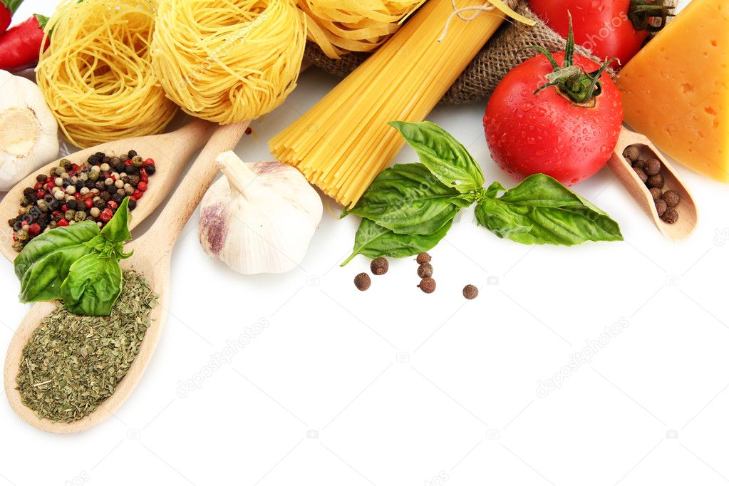 Pasta spaghetti, vegetables and spices, isolated on white