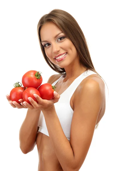 Mooie jonge vrouw met tomaten, geïsoleerd op wit — Stockfoto