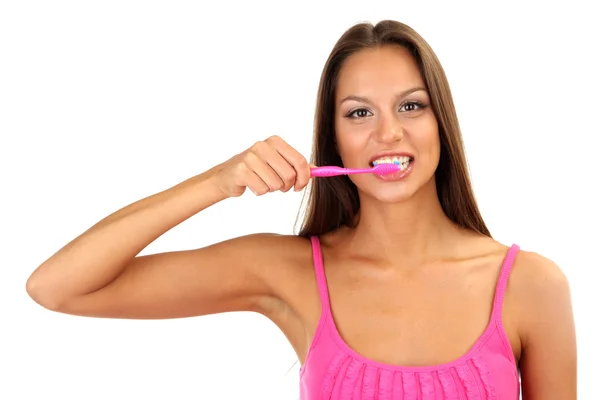 Mulher bonita com escova de dentes isolada em branco — Fotografia de Stock