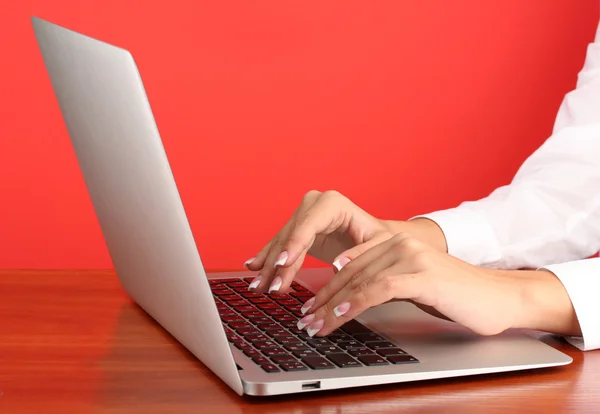 Business woman's hands typing on laptop computer, on red background close-u Stock Image