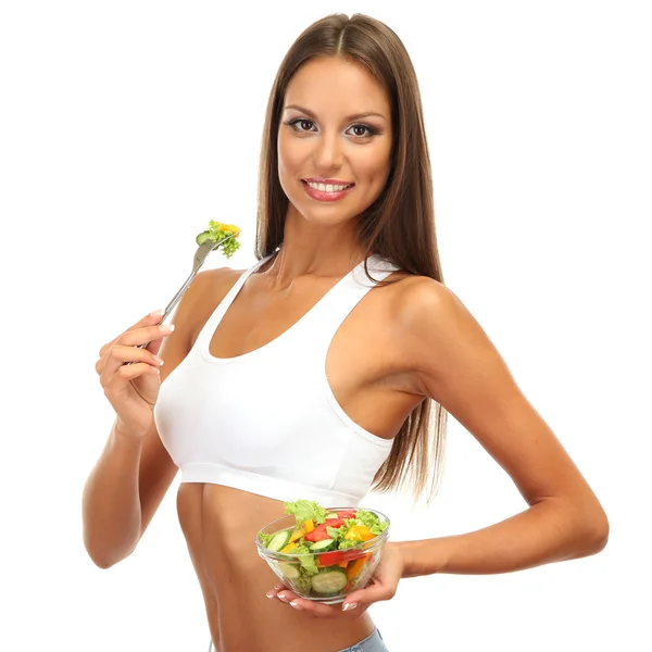 Beautiful young woman with salad, isolated on white Stock Photo