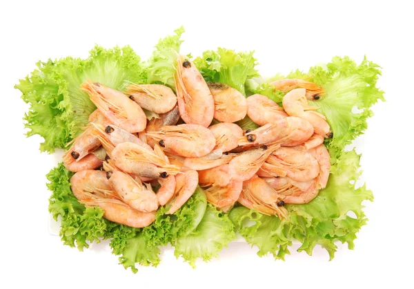 Вареные креветки с листьями салата на тарелке, изолированные на белом — стоковое фото