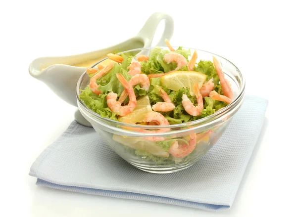 Salad with shrimps, lemon and lettuce leaves in bowl and sauce, isolated on — Stock Photo, Image