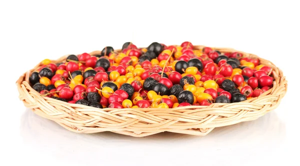 Colorful autumn berries on wicker mat isolated on white — Stock Photo, Image