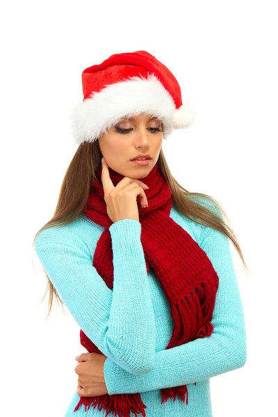 Beautiful young woman with santa hat isolated on white — Stock Photo, Image