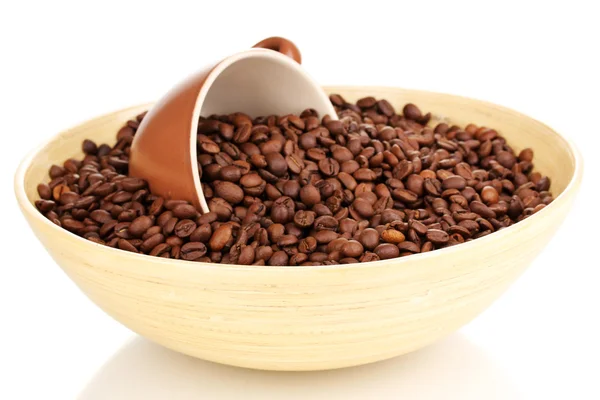 Coffee beans in bamboo bowl with cup isolated on white — Stock Photo, Image