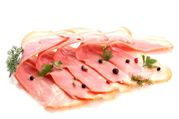 Baharatlar, üzerinde beyaz izole ile lezzetli domuz pastırması — Stok fotoğraf