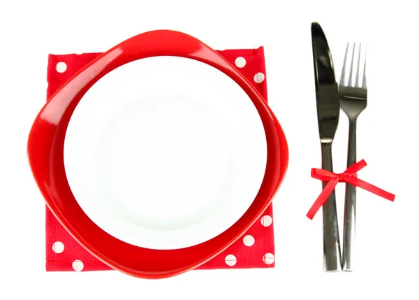 Empty red and white plates with fork and knife isolated on white — Stock Photo, Image