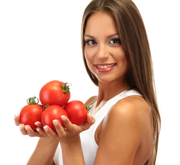 Hermosa joven con tomates, aislado en blanco — Foto de Stock