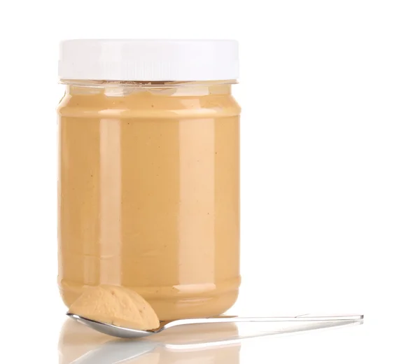 Deliciosa manteiga de amendoim em frasco isolado em branco — Fotografia de Stock