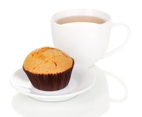 Fresh muffin with tea isolated on white — Stock Photo, Image