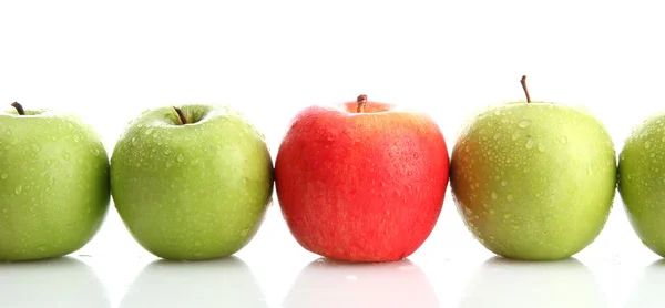 Ώριμα πράσινα μήλα και ένα κόκκινο μήλο που απομονώνονται σε λευκό — Φωτογραφία Αρχείου