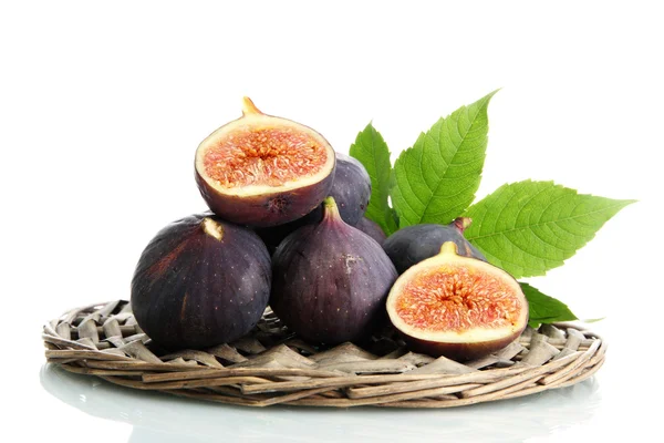 Ripe sweet figs with leaves isolated on white — Stock Photo, Image