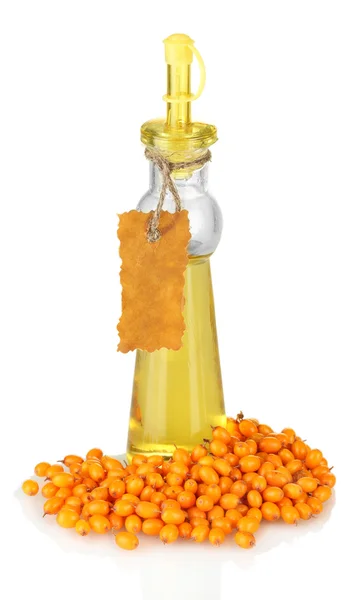 Decanter with sea buckthorn oil isolated on white — Stock Photo, Image