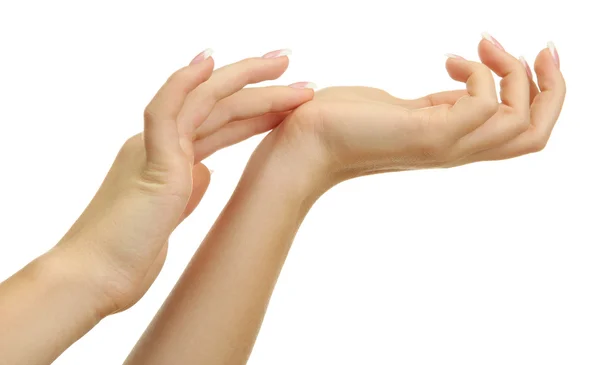 Piękna kobieta ręce z Francuski manicure, na białym tle — Zdjęcie stockowe