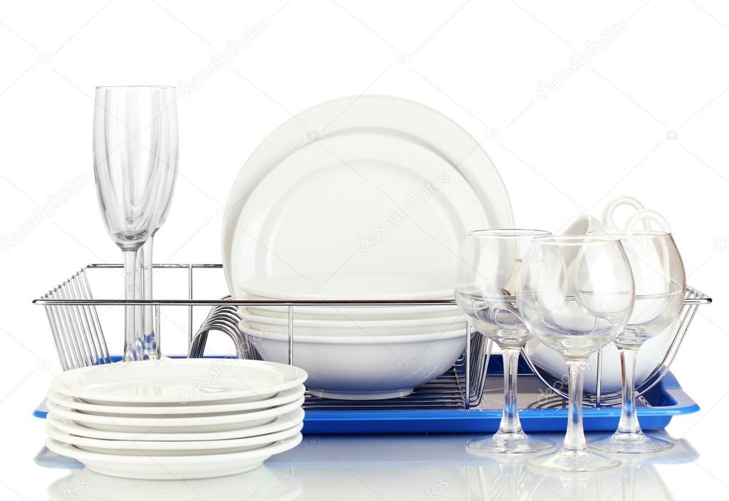 clean dishes on stand isolated on white