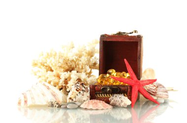 fish oil in the chest with shells and coral isolated on white clipart