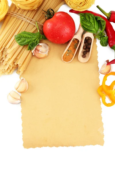 Paper for recipes, spaghetti with vegetables and spices, isolated on white — Stock Photo, Image