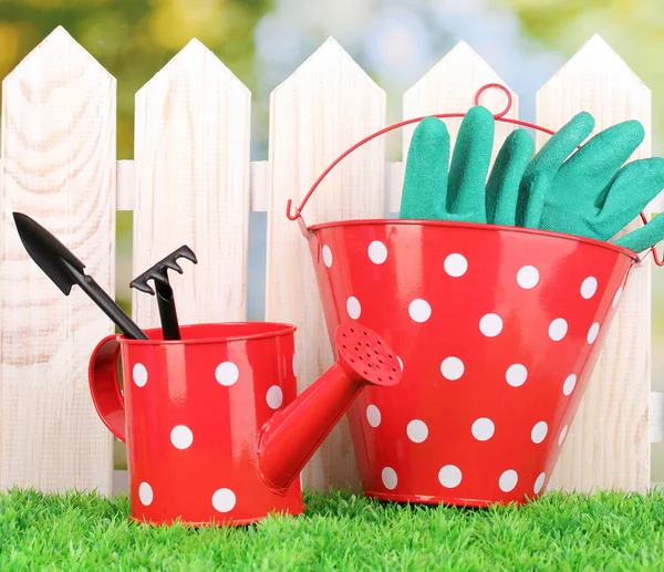 Gardening tools on green grass on wooden fence background — Stock Photo, Image