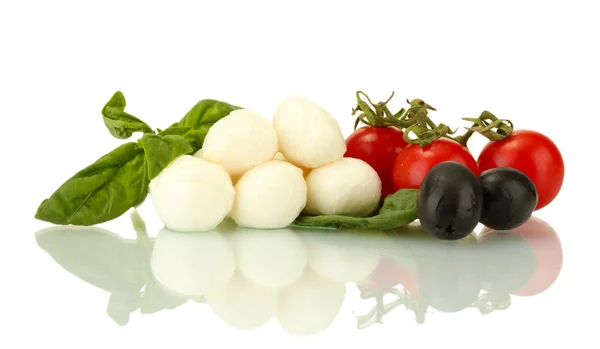 Cheese mozzarella with vegetables and herbs isolated on white — Stock Photo, Image