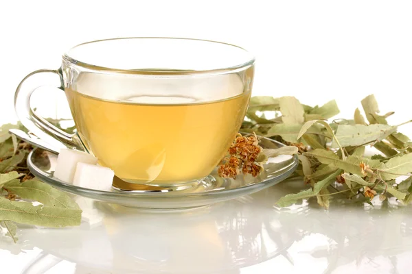 Glas kopp te med linden isolerad på vit — Stockfoto