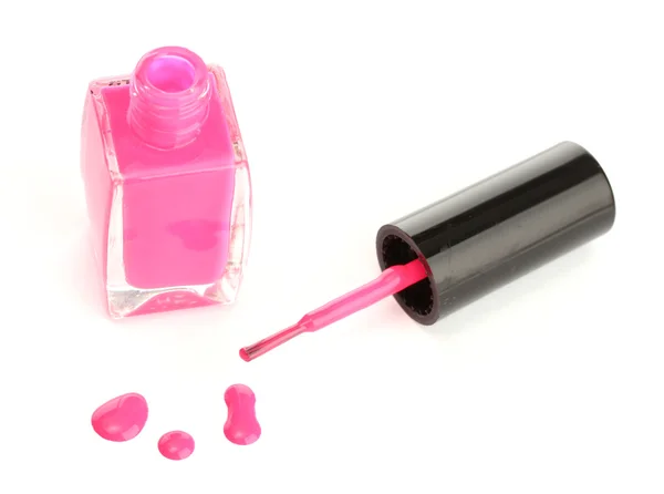 Růžový lak na nehty a štětec izolovaných na bílém — Stock fotografie