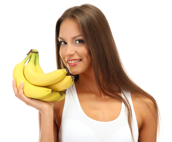 Bella giovane donna con banane, isolata su bianco — Foto Stock