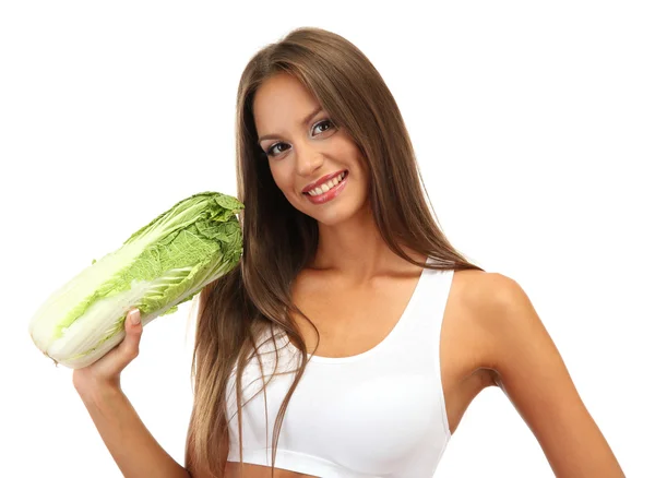 Beautiful young woman with cabbage, isolated on white — Stock Photo, Image