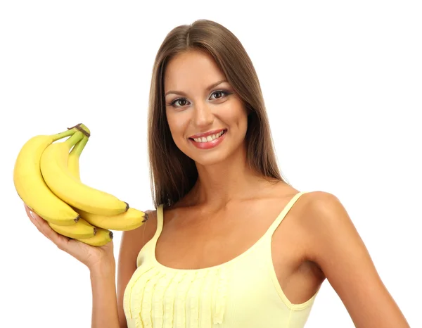 Bella giovane donna con banane, isolata su bianco — Foto Stock