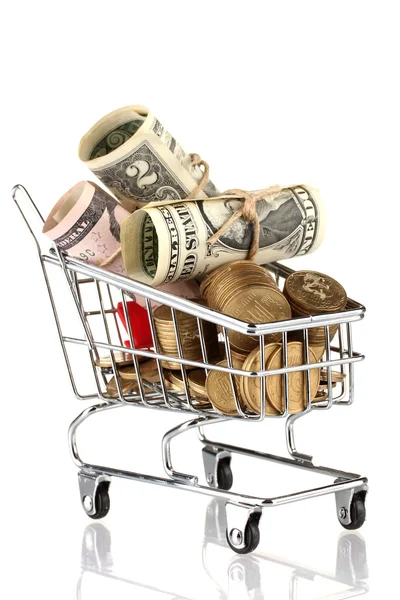 Carrinho de compras com dólares e moedas ucranianas, isolado em branco — Fotografia de Stock