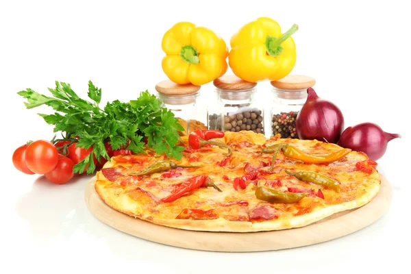 Tasty pepperoni pizza with vegetables on wooden board isolated on white Stock Picture