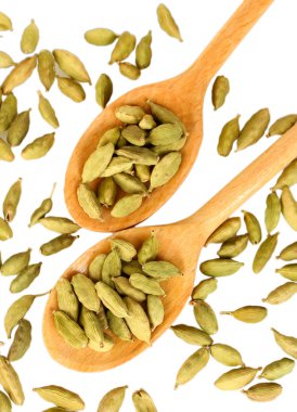 içinde tahta kaşıklar üzerinde beyaz arka plan yakın çekim yeşil kakule