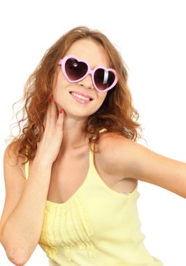 güzel kız beyaz izole gözlük gülümseyen