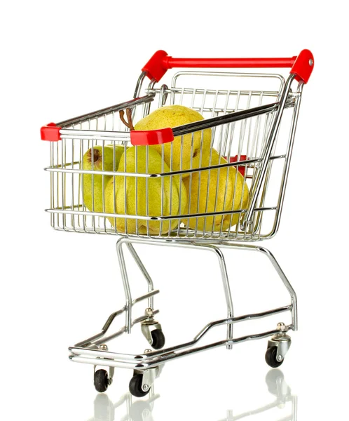 Ripe pears in metal trolley isolated on white — Stock Photo, Image