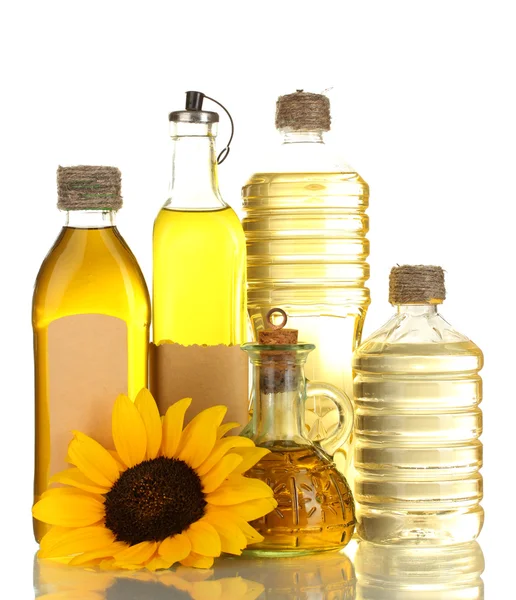 Oil in jars and sunflower, isolated on white — Stock Photo, Image