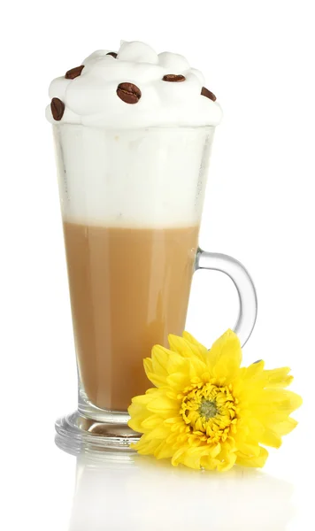 Glass of fresh coffee cocktail with flower isolated on white — Stock Photo, Image