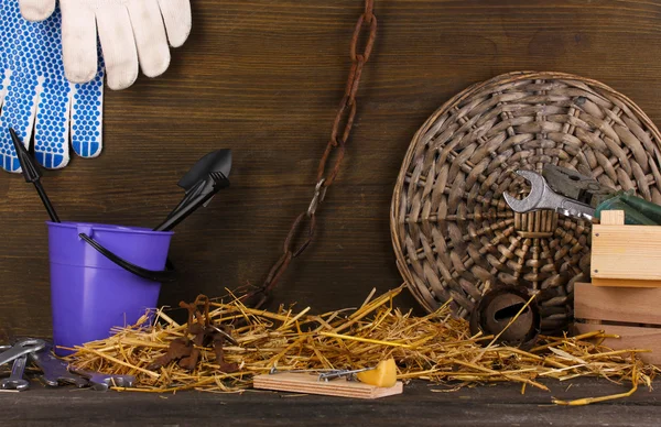 Mousetrap with a piece of cheese in a barn on wooden background — Stock Photo, Image