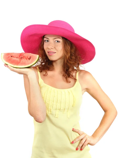 Smiling beautiful girl in beach hat with watermelon isolated on white — Stock Photo, Image