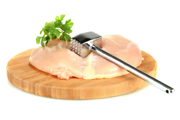 Kip met een vlees hamer geïsoleerd op wit — Stockfoto