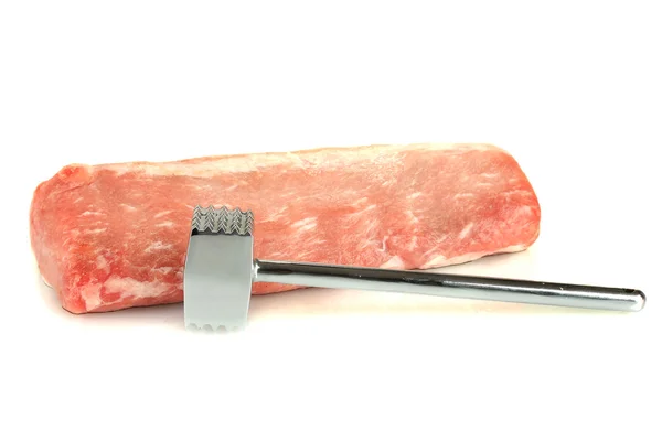 Raw pork with a meat hammer isolated on white — Stock Photo, Image