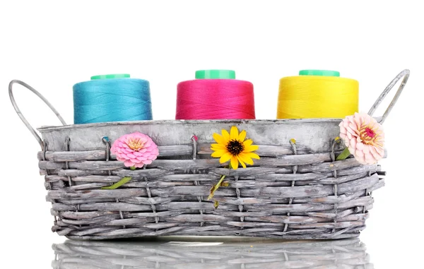 Bright threads in basket isolated on white — Stock Photo, Image