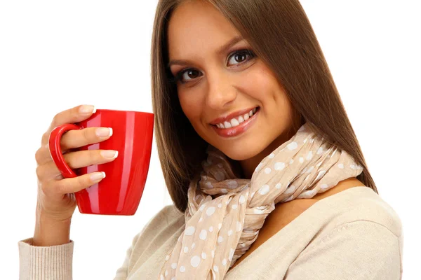 Beautiful young woman with cup of tea, isolated on white — Stock Photo, Image